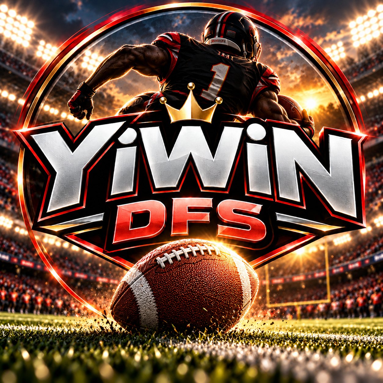 The YiWiN DFS logo with a gold crown, over a football player running in a lit stadium, with a football on the field